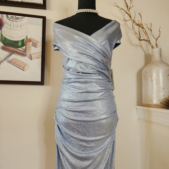 🔥Eliza J Metallic Silver Off-the-Shoulder Evening Gown - Picture 8 of 15
